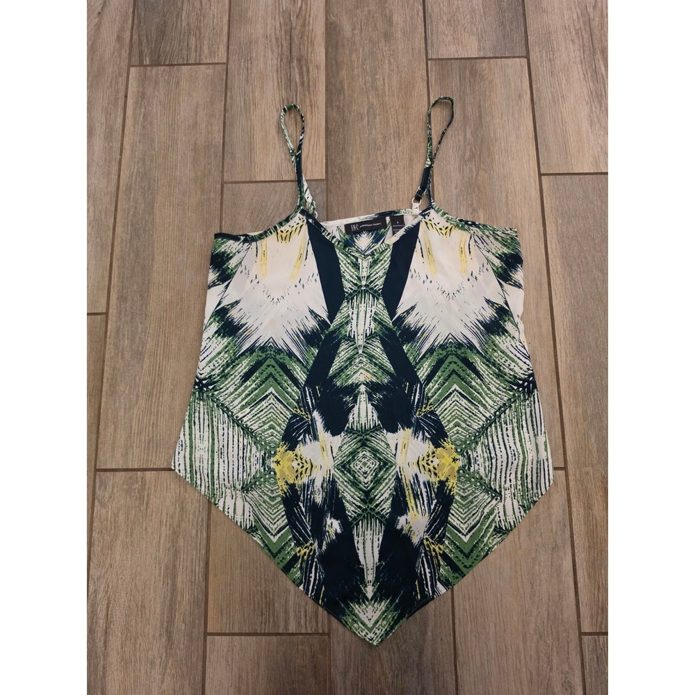 INC International Concepts Abstract Palm Print Handkerchief Hem Cami Top Green 2